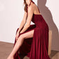 Astee T502 Halter Top V-Neckline Evening Gown with Leg Slit
