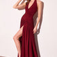 Astee T502 Halter Top V-Neckline Evening Gown with Leg Slit