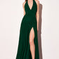 Astee T502 Halter Top V-Neckline Evening Gown with Leg Slit