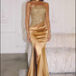 Amoris T609 Strapless Fitted Satin Gown Sequin Bodice Side Slit