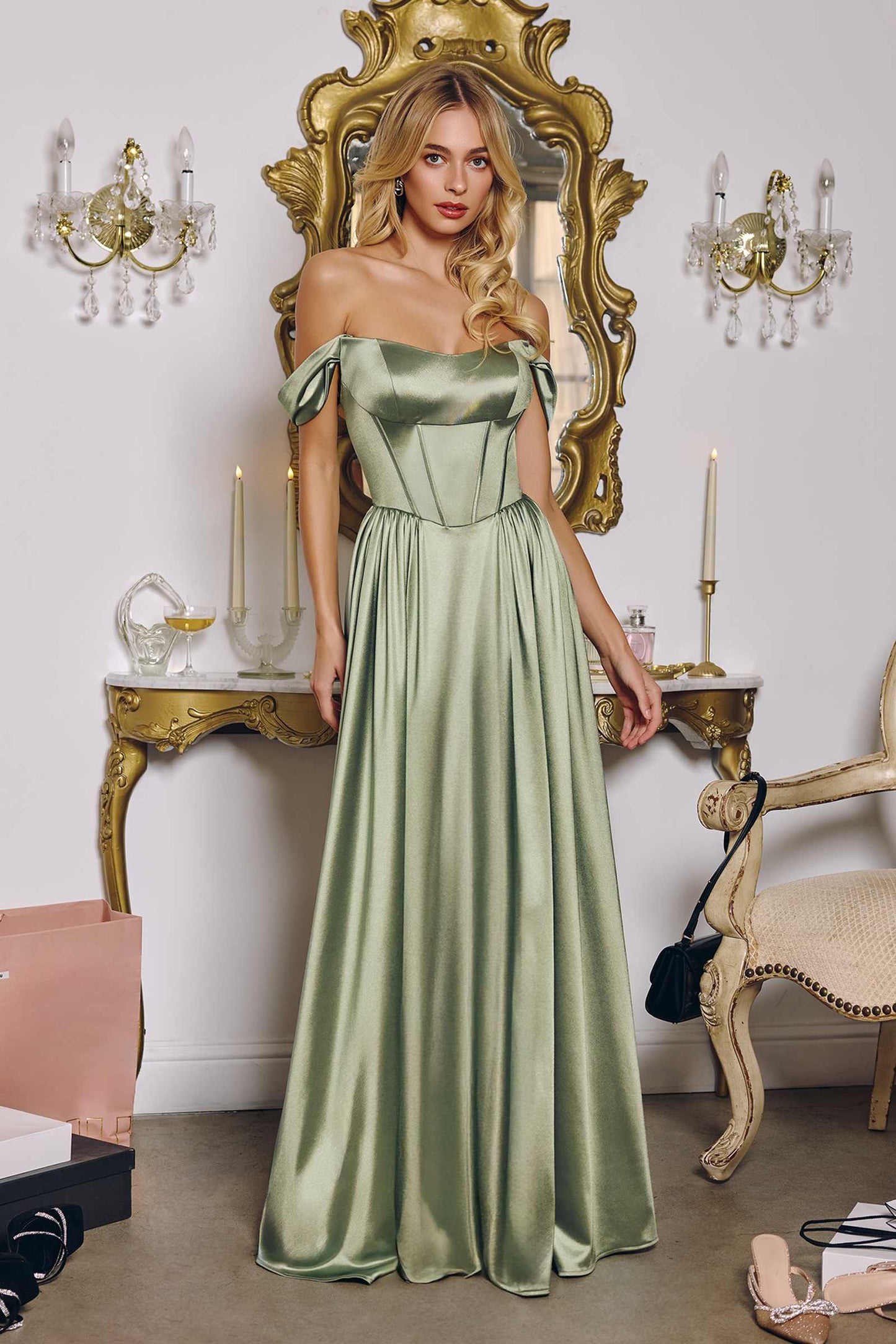 Vestido de fiesta semilargo de satén sin tirantes con corte A Amoris T612