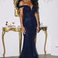 Amoris T613 Fitted Off the Shoulder Sequin Lace Sweep Train Gown