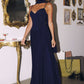 Amoris T711 Vestido largo de gasa con tirantes finos y corte en A