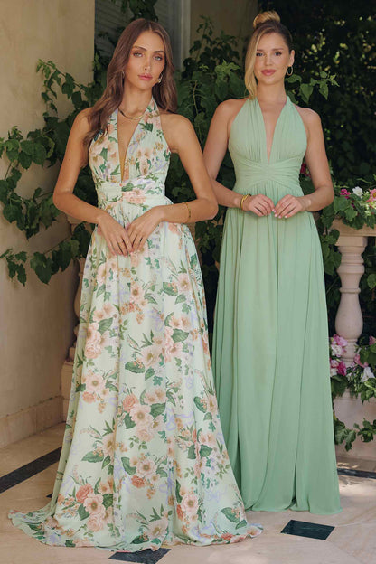 Vestido de Noche con Cuello Plunge, Corte A y Estampado Floral Amoris T719