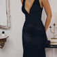 Amoris T720 Vestido de noche largo de satén liso con cuello halter