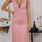 Amoris T720 Vestido de noche largo de satén liso con cuello halter