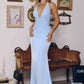 Amoris T720 Vestido de noche largo de satén liso con cuello halter