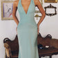 Amoris T720 Vestido de noche largo de satén liso con cuello halter