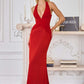 Amoris T720 Vestido de noche largo de satén liso con cuello halter