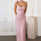 Vestido largo Amoris T725 de encaje brillante ajustado con tirantes finos