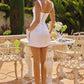 Amoris T733W Fitted Mini Dress Softly Draped Off White Satin Skirt