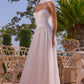 Amoris T741W Vestido de Noche Largo de Chifón Blanco Roto sin Tirantes con Caída en A