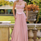 Vestido de noche Amoris T741 largo de chifón sin tirantes con corte A fluido