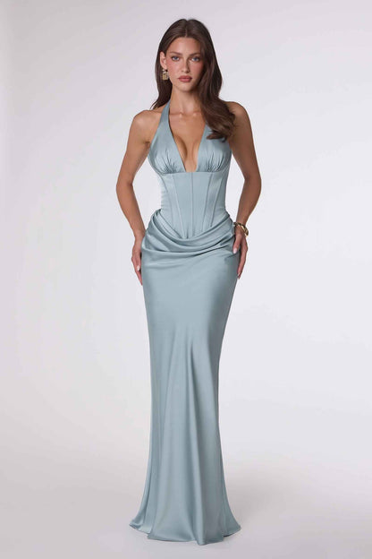 Amoris T743 Vestido Largo de Satén al Piso con Escote Pronunciado