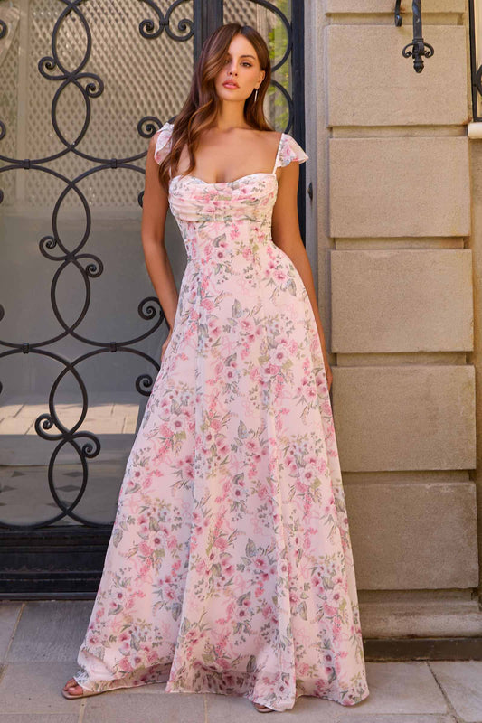 Vestido Amoris T749 de chifón floral línea A con mangas suaves de volantes