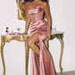 Vestido de fiesta largo de satén con corpiño transparente ajustado y cuello drapeado modelo T812 Ladivine Amoris