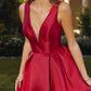 Amoris T814 Long V-Neckline A-Line Satin Dress with Pockets