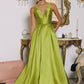 Amoris T814 Long V-Neckline A-Line Satin Dress with Pockets