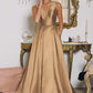 Amoris T814 Long V-Neckline A-Line Satin Dress with Pockets