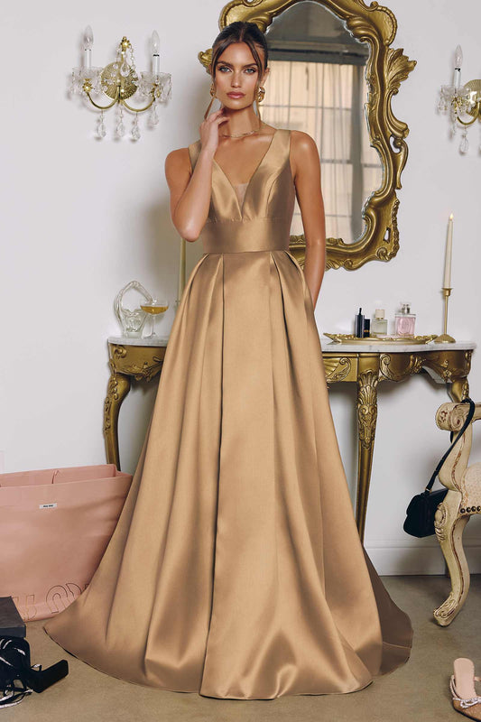 Amoris T814 Vestido Largo de Satén con Escote en V, Corte en A y Bolsillos