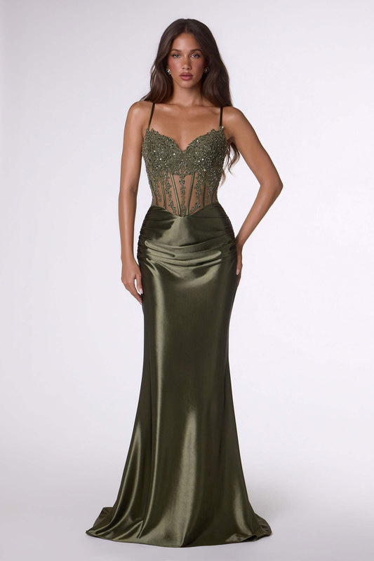 Vestido de gala sirena Amoris T819 elegante de satén elástico ajustado con corsé transparente