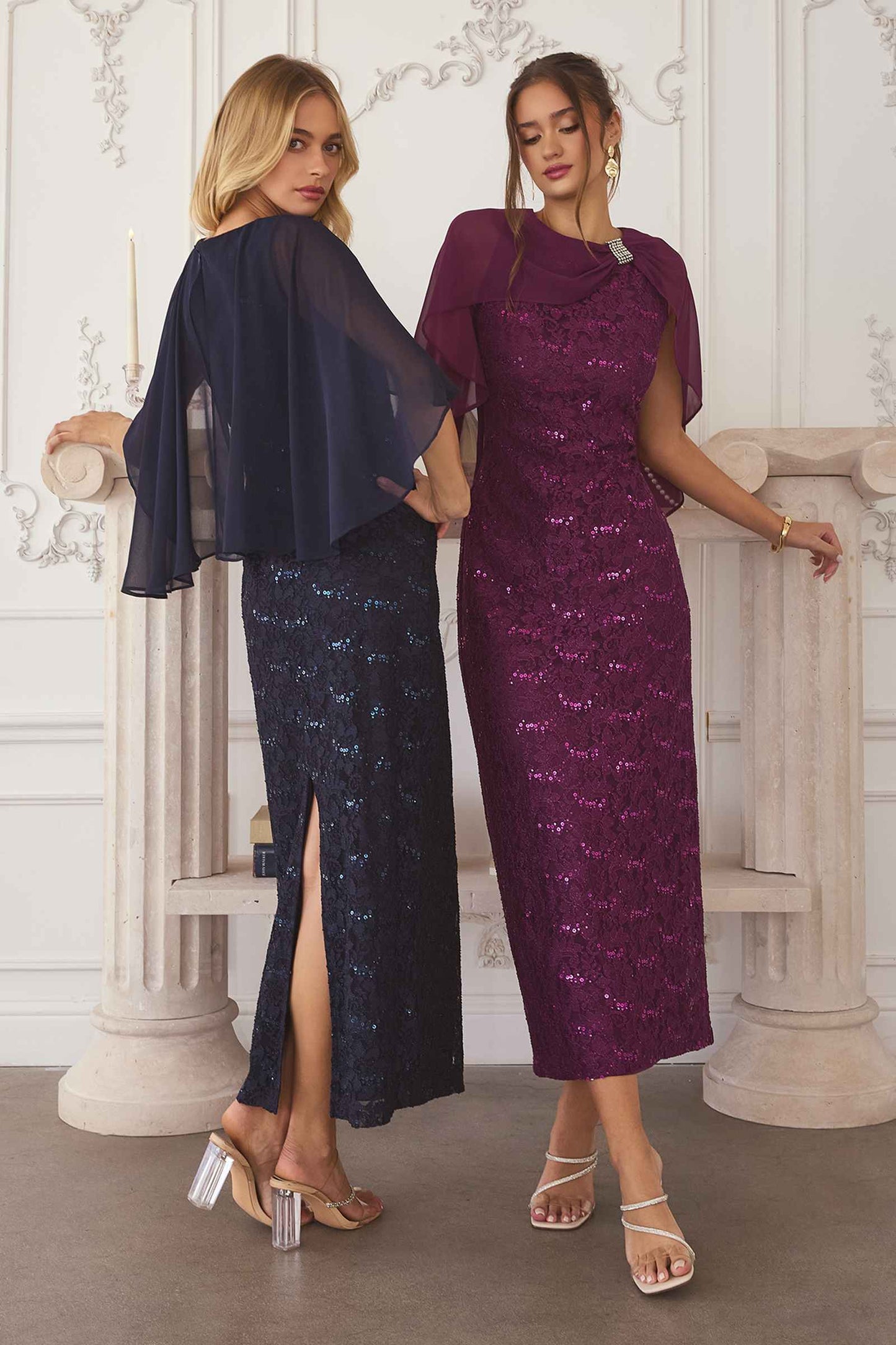 Vestido de Noche de Encaje con Lentejuelas Amoris T906 y Capa Superpuesta Transparente Desmontable