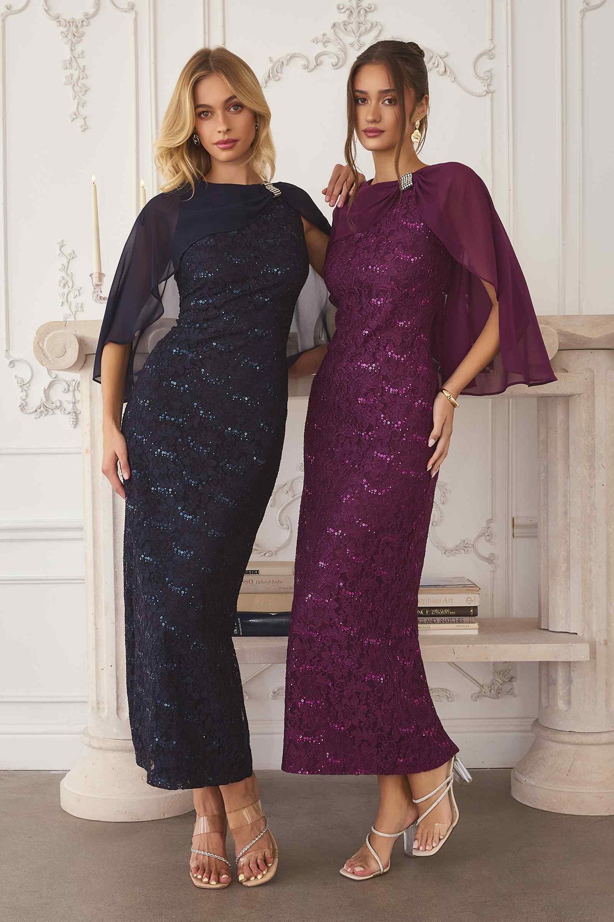 Vestido de Noche de Encaje con Lentejuelas Amoris T906 y Capa Superpuesta Transparente Desmontable