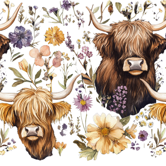 Vasos de cristal de vaca de las Highlands con flor silvestre