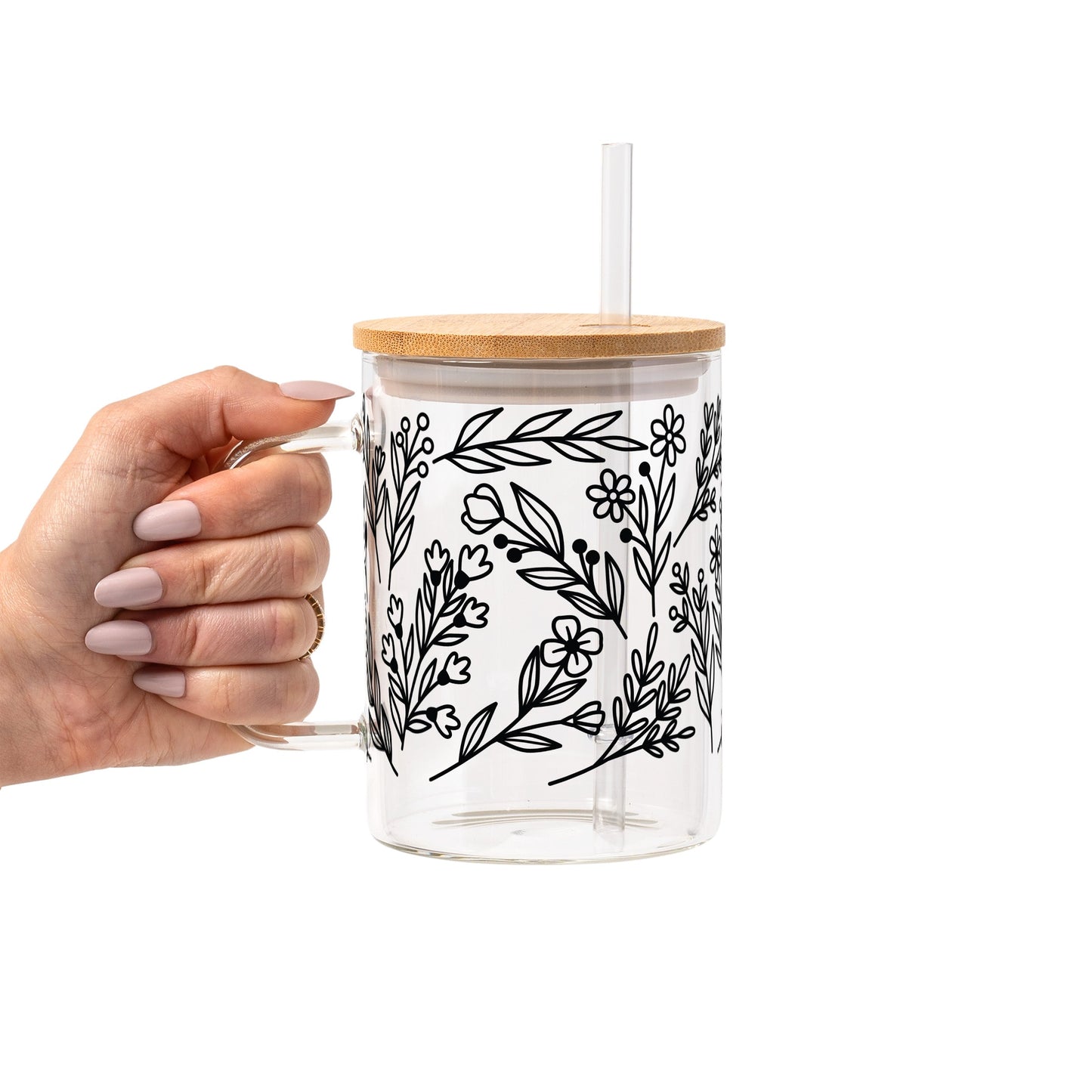 Black Floral Botanical Glass Cups