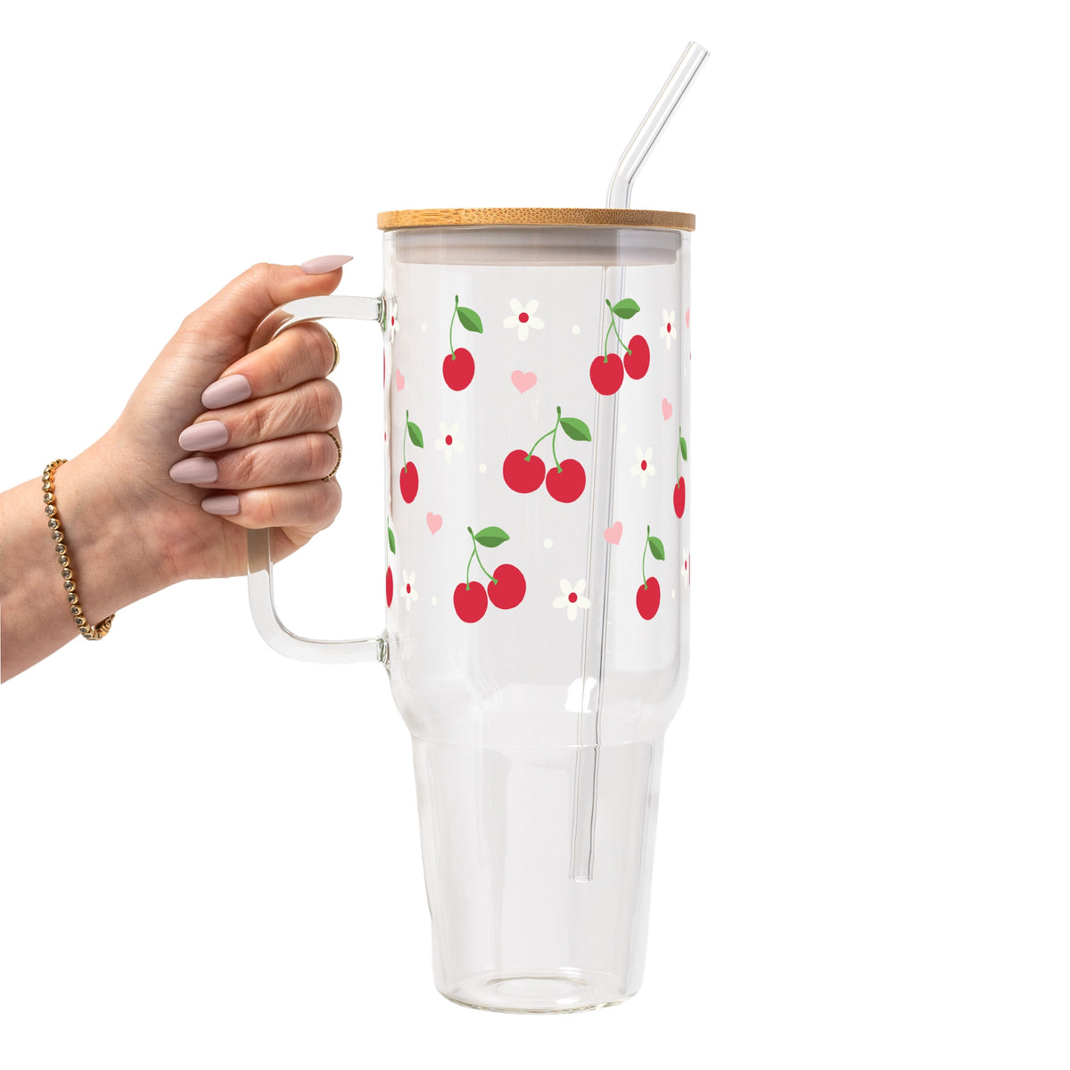 Red Cherries Pink Hearts Glass Cups