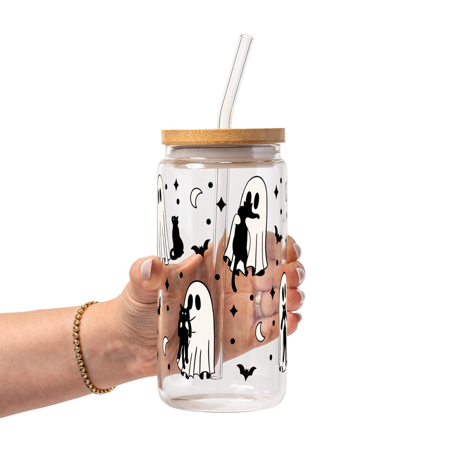 Ghost Holding Cats Glass Cups