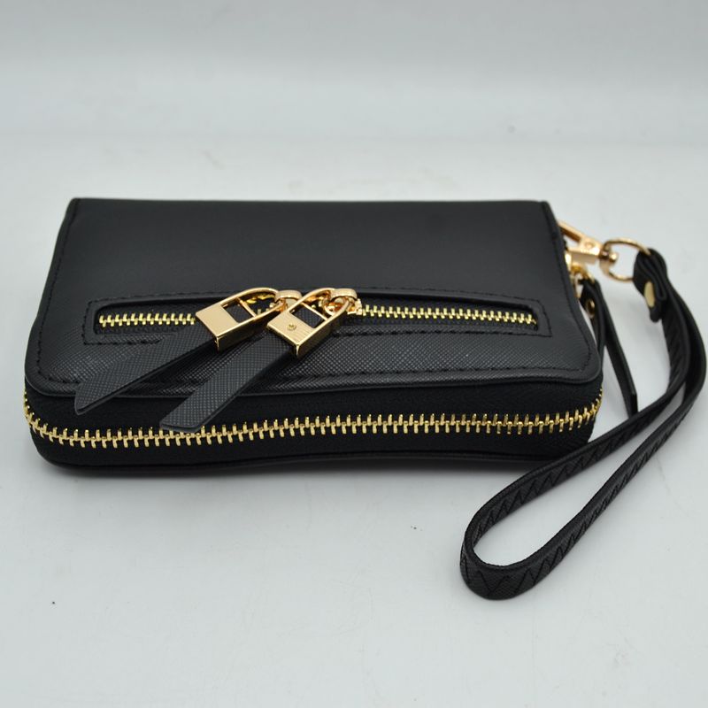 Structured Dual Zipper Wristlet Wallet Clutch with Removable Strap