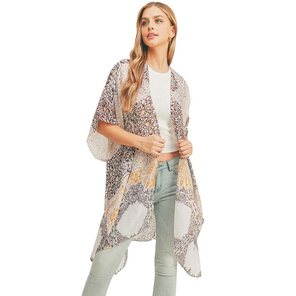 Floral Leaf Patterned Cover Up Kimono Poncho