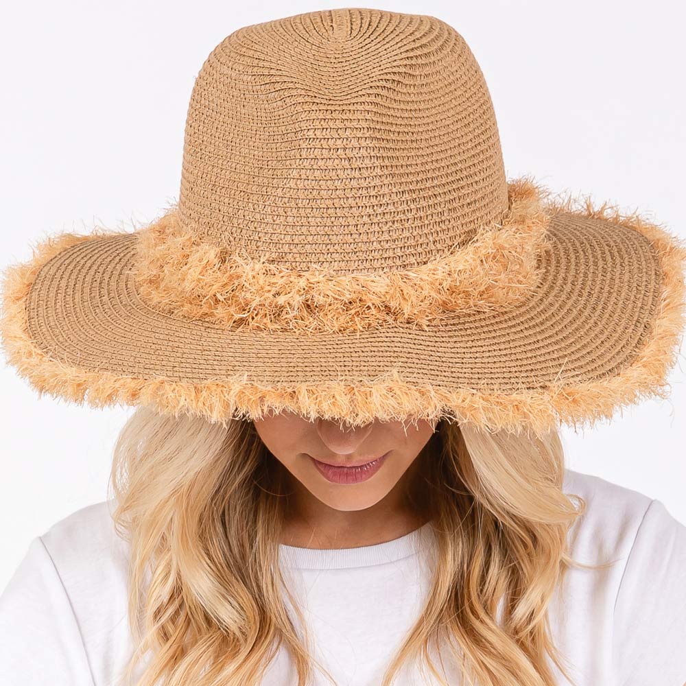 Frayed Band and Trip Straw Sun Hat