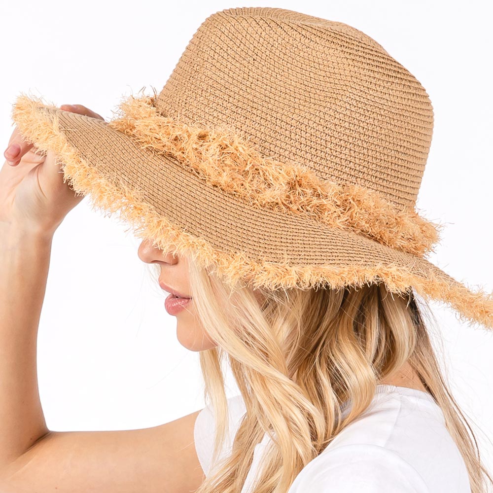Frayed Band and Trip Straw Sun Hat