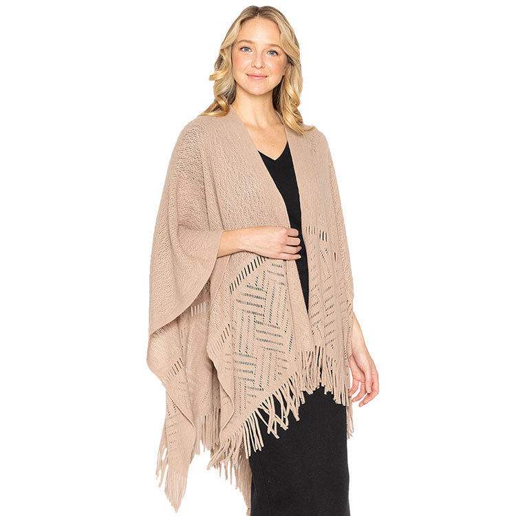 Geometry Open Knit Ruana With Fringe