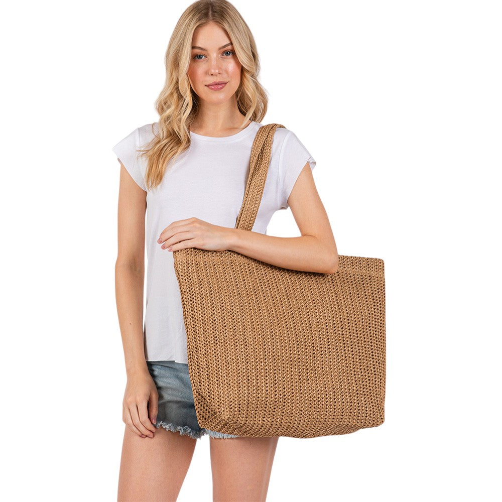 Women's Solid Crochet Straw Tote Bag / Beach