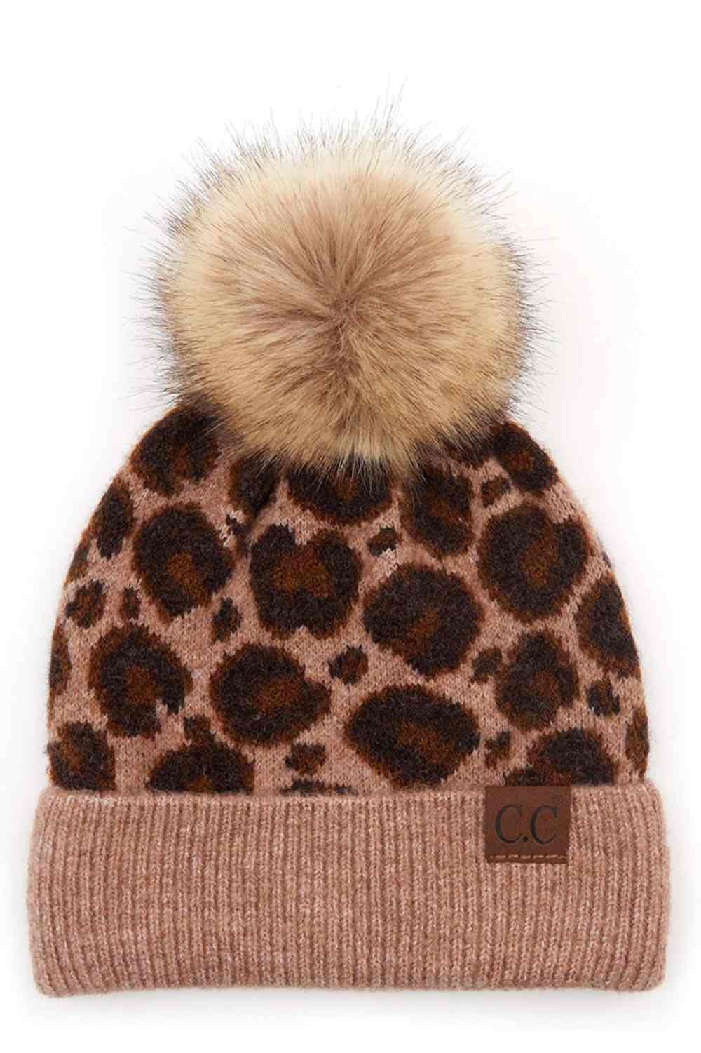C.C Leopard Knit Beanie With Pom