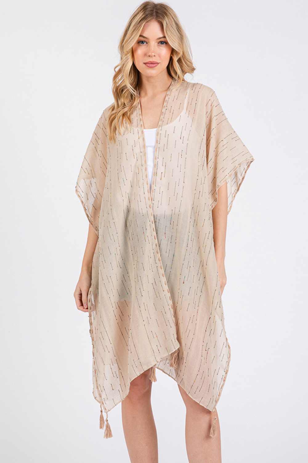 Colored Stitch Trim and Tassel Summer Kimono