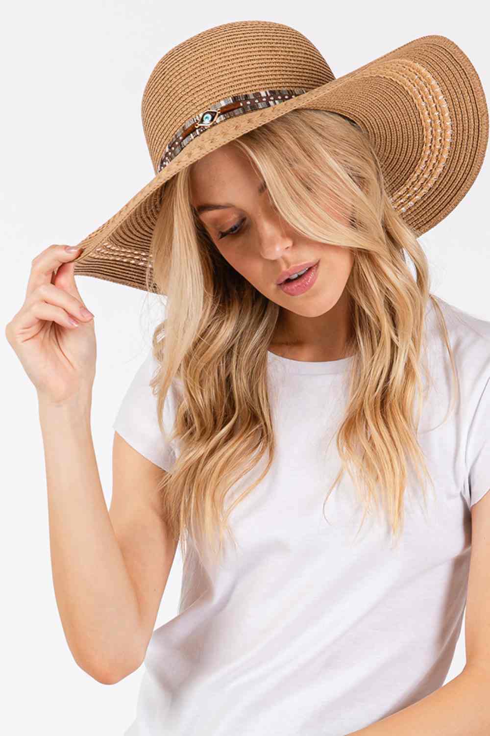 Evil Eye and Multi Design Band Wide Brim Straw Hat