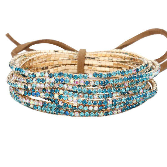 12PCS Ribbon Colorful Rhinestone Layered Stretch Bracelets