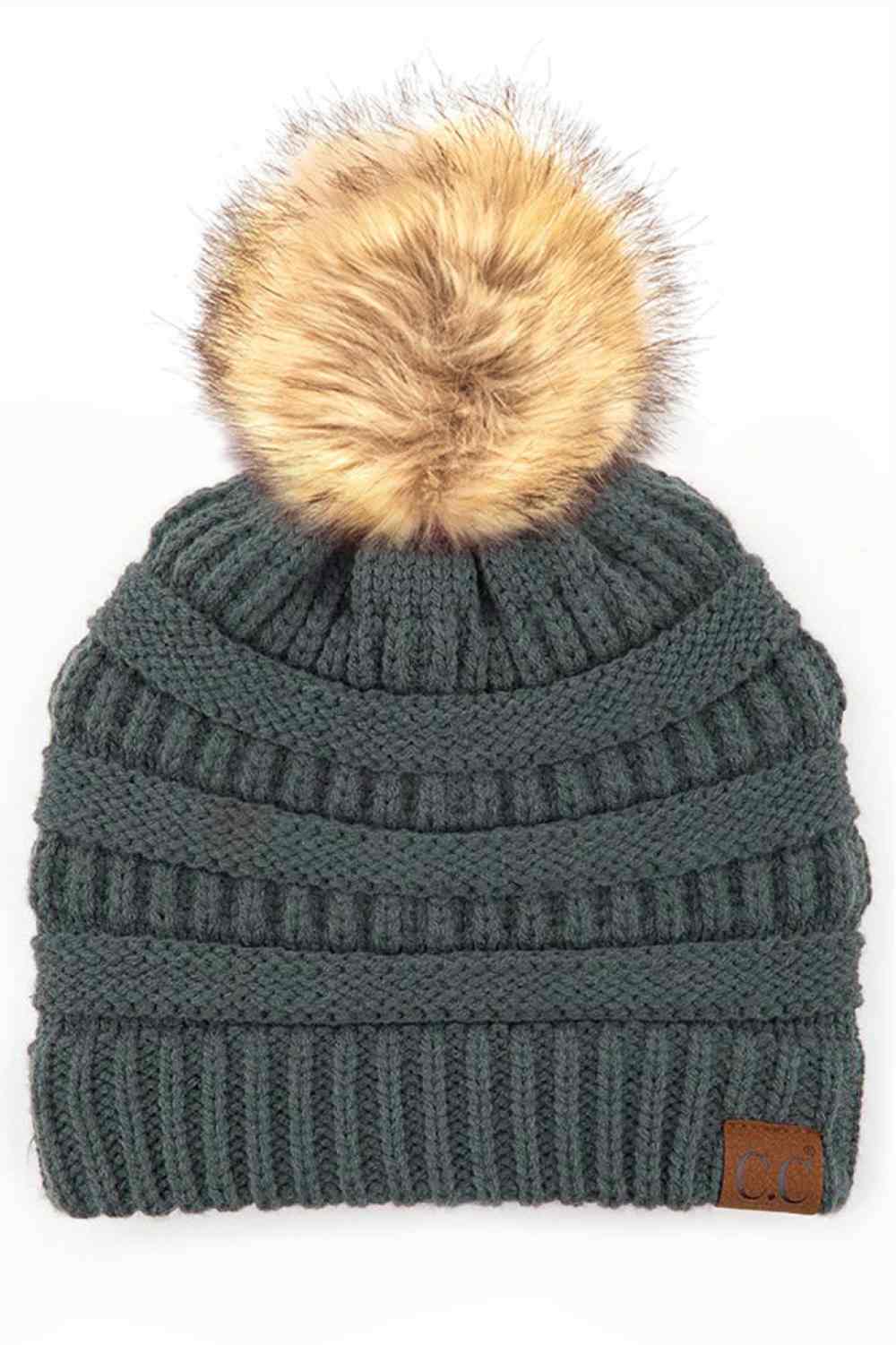 C.C Solid Ribbed Knit Beanie with Pom