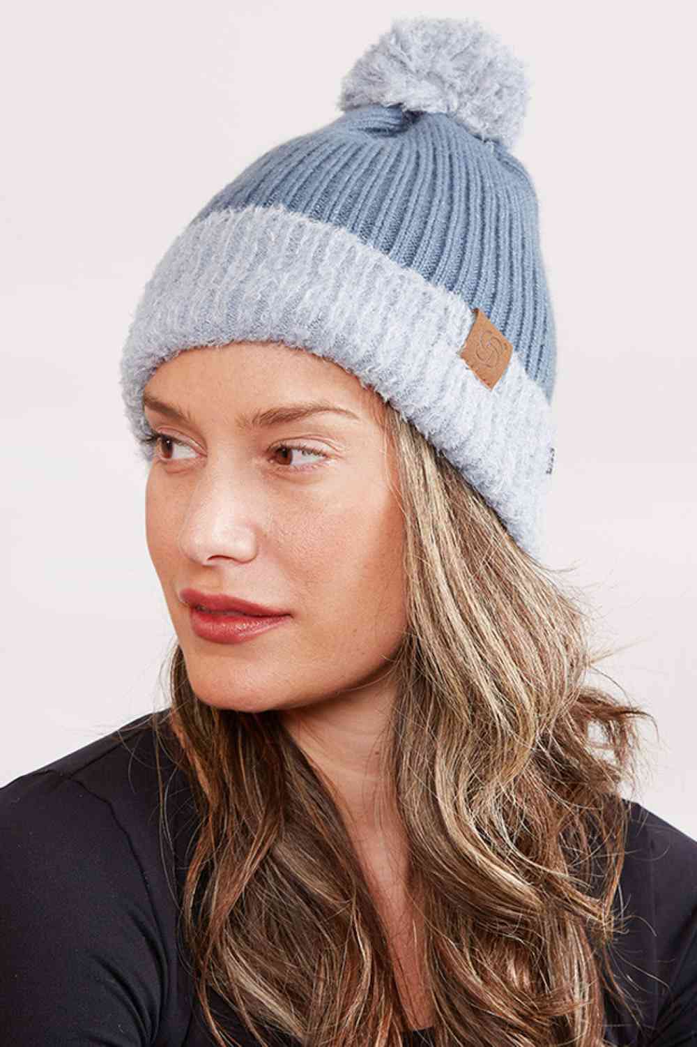 Ribbed Brim Button Pom Beanie