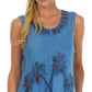 Sakkas Embroidered Watercolor Palm Tree Flared Hem Blouse
