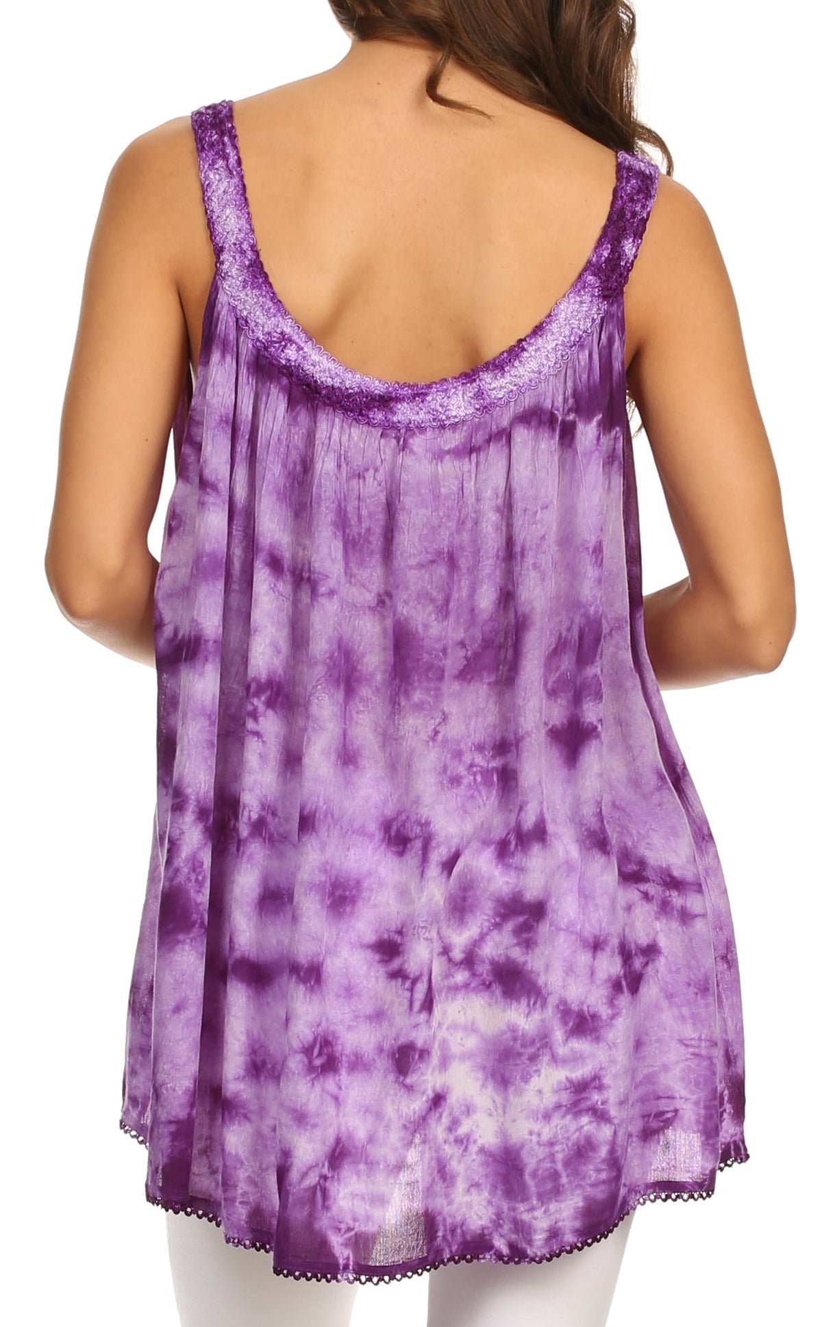 Sakkas Ashanti Embroidered Trim Picot Rayon Tie Dye Tank Top