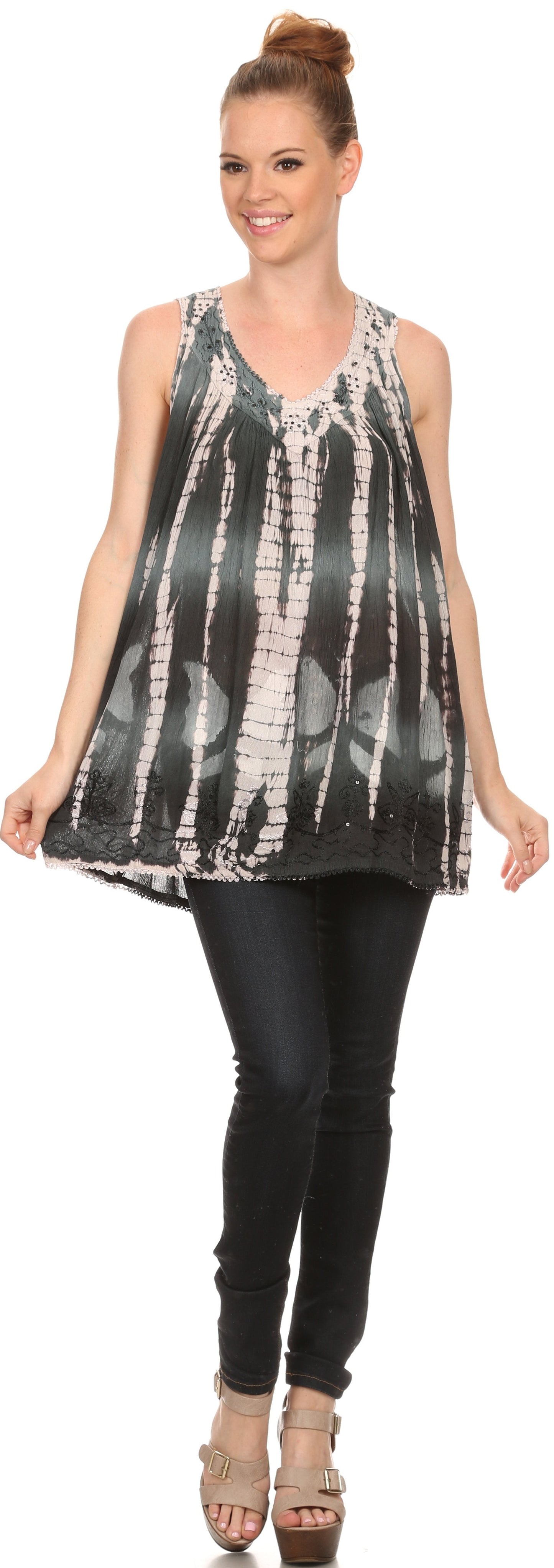 Sakkas Kalelay Long Tall Sleeveless Tie Dye Embroidered Tank Top Blouse Shirt
