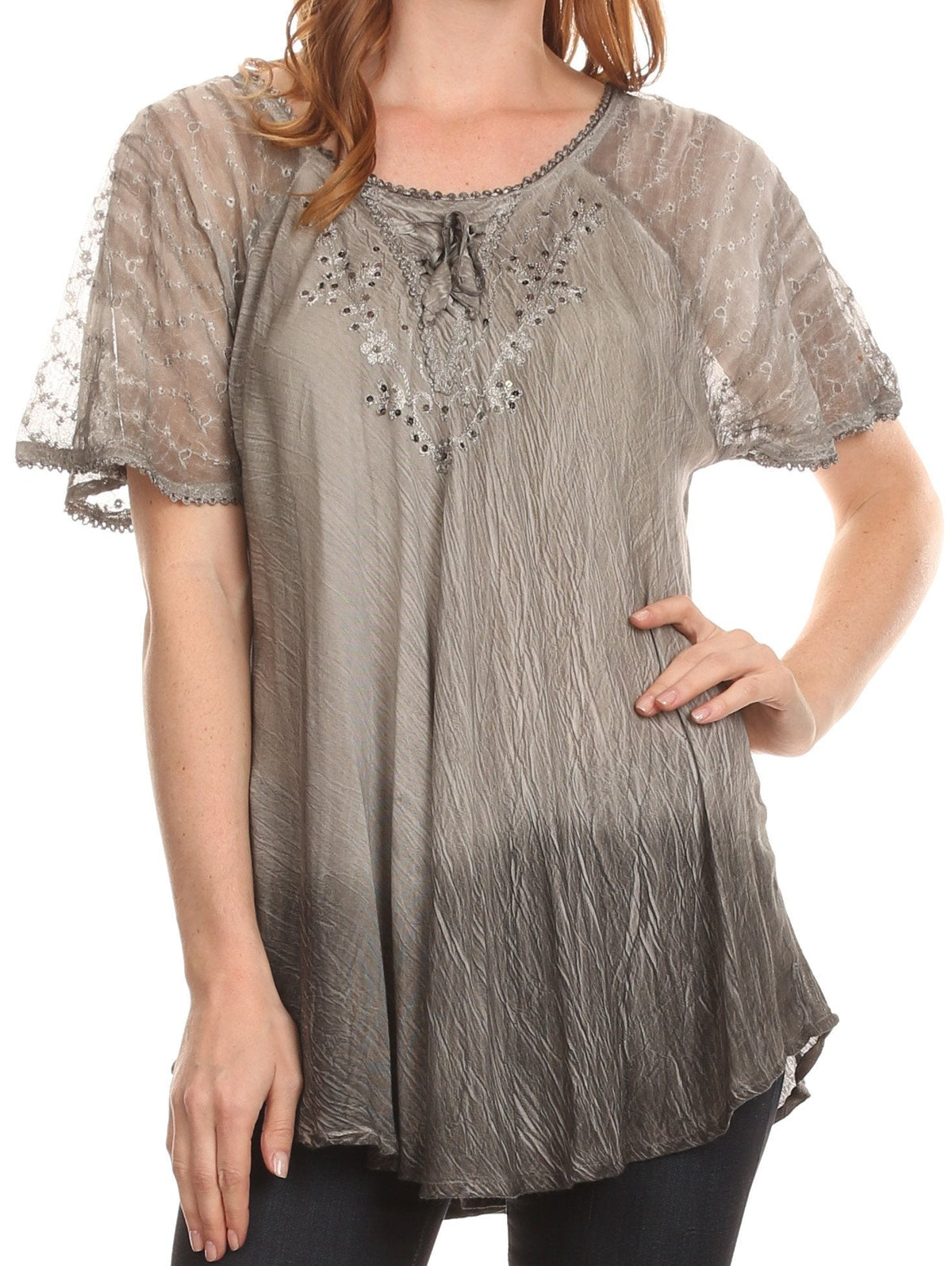 Sakkas Vilma Long Blouse With Embroidery Lace Cap Sleeves And Corset Enclosure