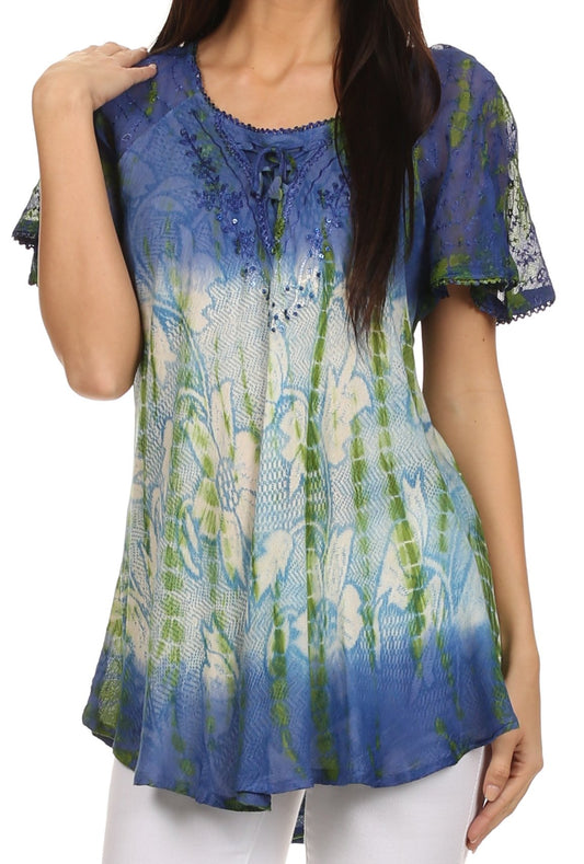 Sakkas Dina Blusa / Top de Manga Corta con Bordado Tie-Dye de Lentejuelas de Ajuste Relajado