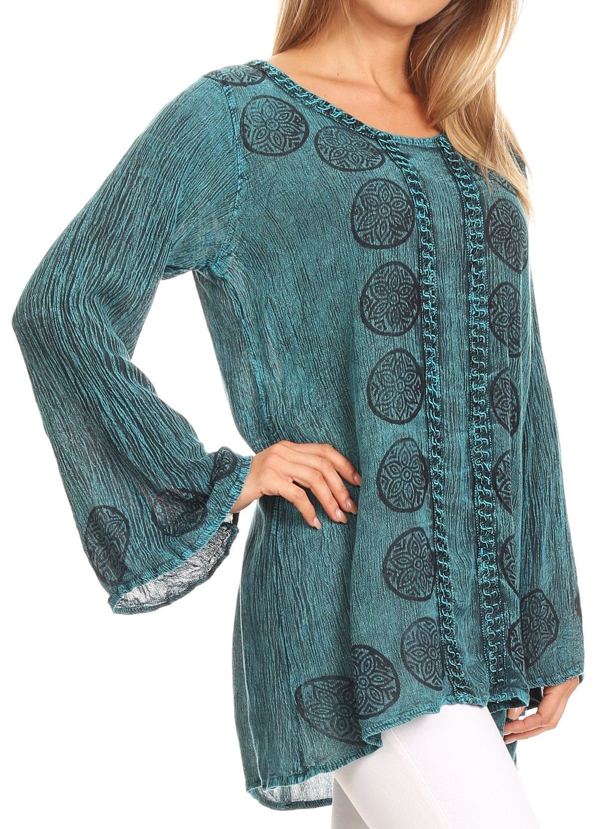 Sakkas Jayla Long Bell Sleeve Stonewashed Embroidered Top with Floral Print