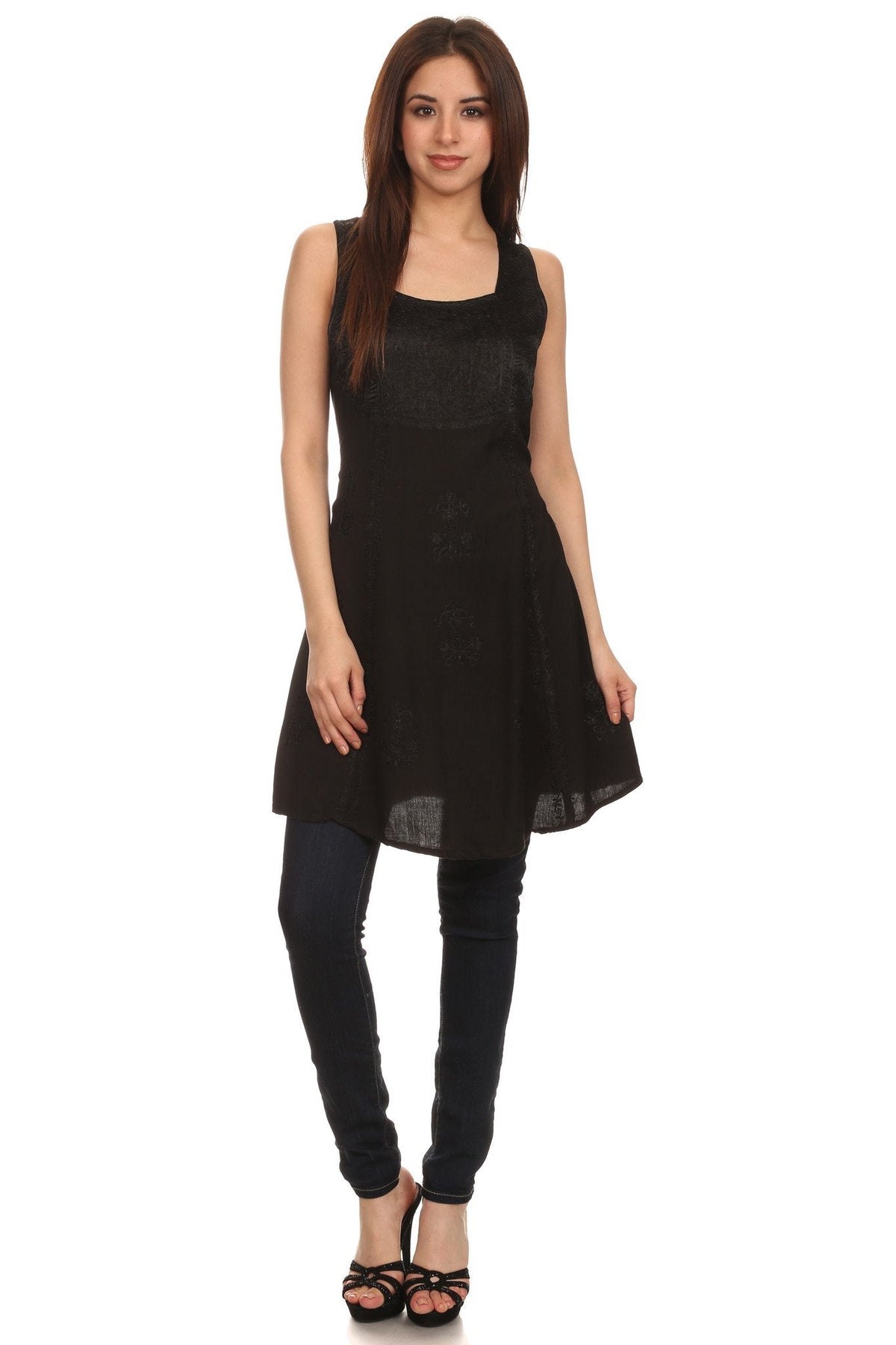 Sakkas Kalee Blusa túnica sin mangas con bordado ajustable / Vestido corto
